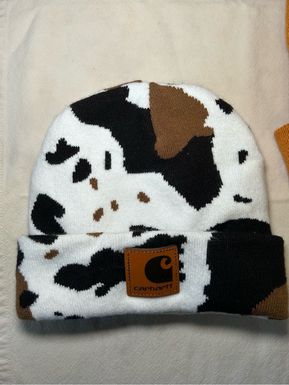 Carhartt Cow-Print Beanie in White, Black & Brown